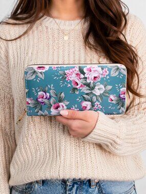 Green Rose Floral Print Zip Wallet Clutch Easy to Hold and Carry 8 x4" - Hey Viv